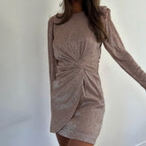 Early Long Sleeve round Neck Twisted Waist Design Dress Hip Dress